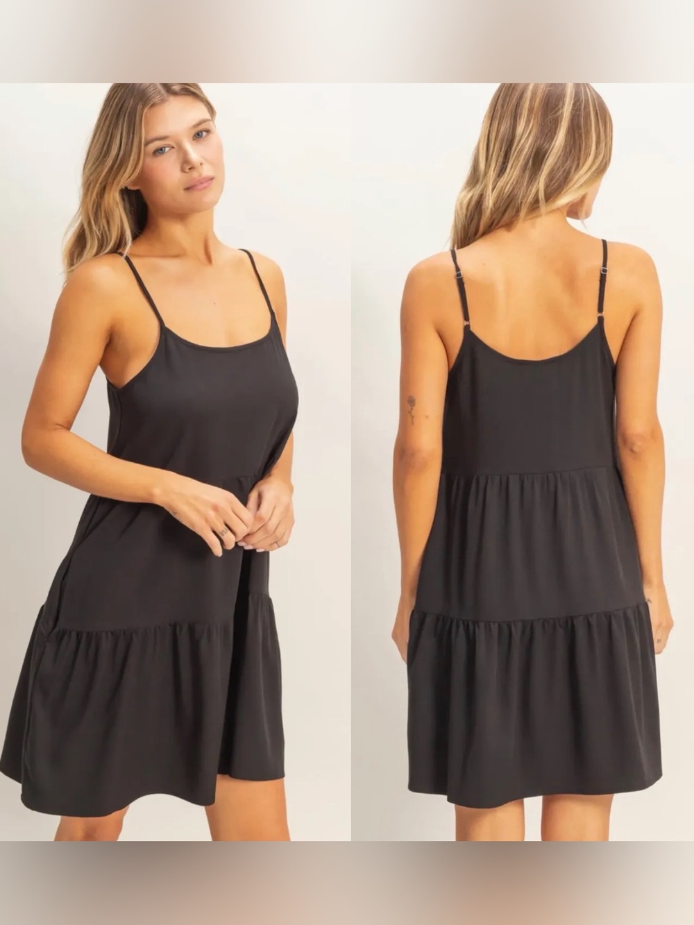 NEW HYFVE Black Tiered Mini Sundress Spaghetti Strap Flowy Casual Dress Medium